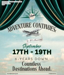 "Adventure Continues" ad with a striking green curtain, inviting viewers to explore further.